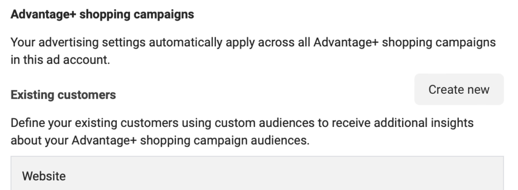 Meta Ads Advantage+ Shopping Campaigns setup audience selection stage screenshot.